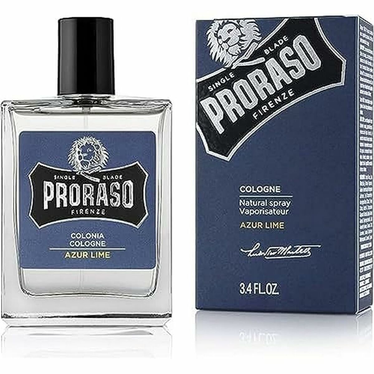Parfum Proraso EDC Blue 100 ml, vaporisateur pour homme, senteur intense et authentique, packaging élégant.