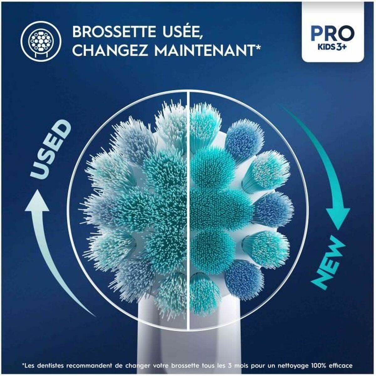 Comparaison de brossette à dents usée et neuve pour Brosse à dents électrique Oral-B D100 KIDS, montrant l'importance du changement.
