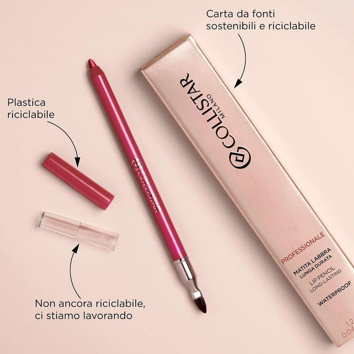 Collistar lip pencil in vibrant pink with recyclable packaging and a sustainable focus on lip beauty.