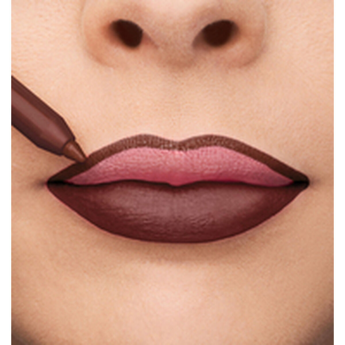 Application of dark brown lip liner on full lips with a pink lipstick base, showcasing a classic lip look.