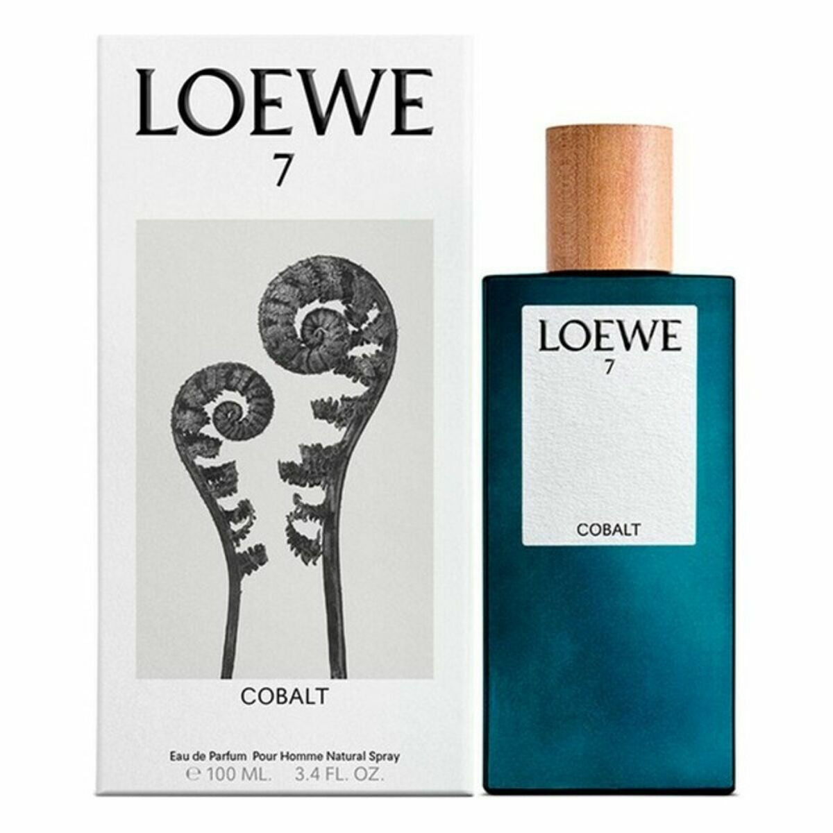 Parfum Loewe 7 Cobalt pour homme, 100ml, packaging élégant avec motif de fougère.
