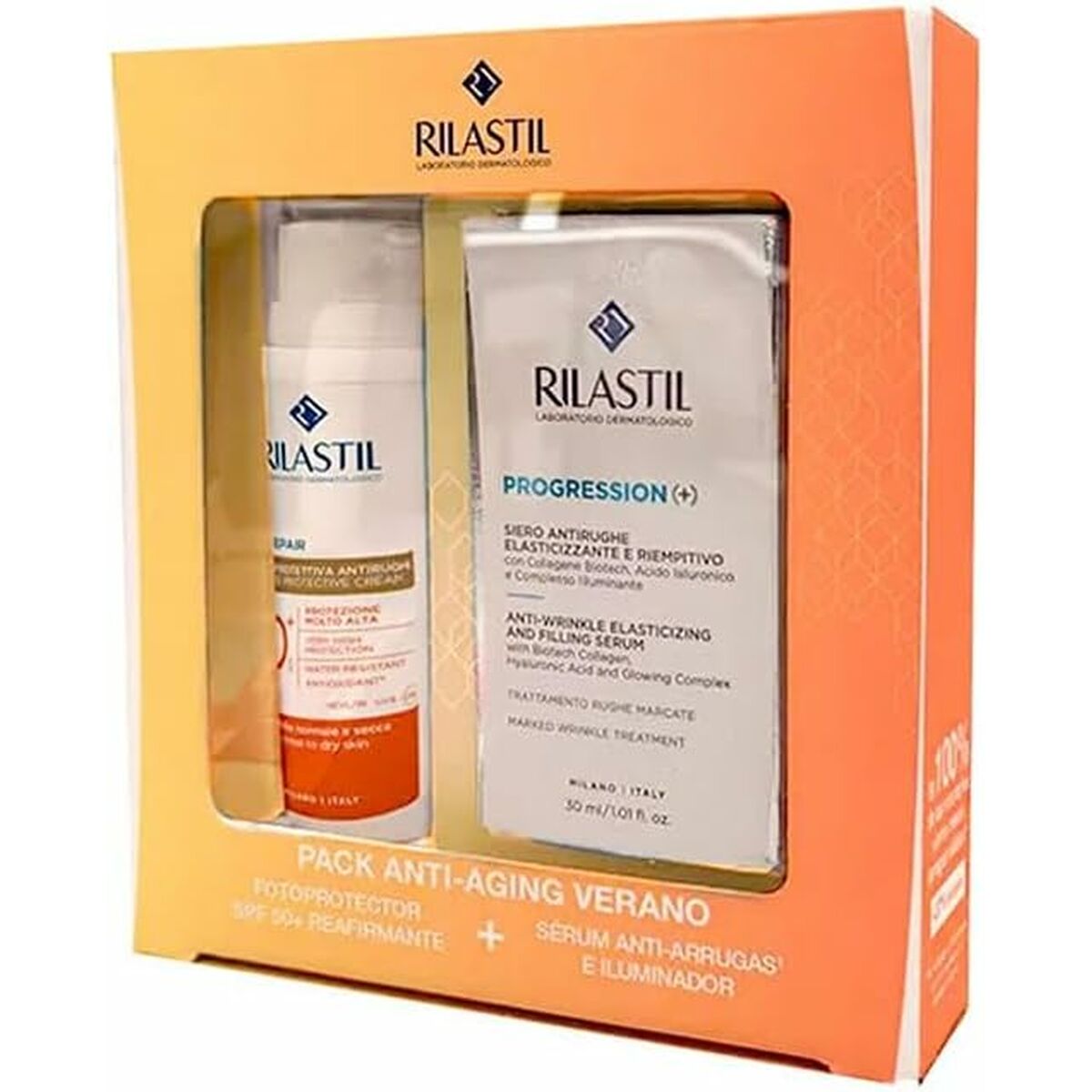 Rilastil anti-aging pack featuring sunscreen and anti-wrinkle serum, perfect for summer skin care.