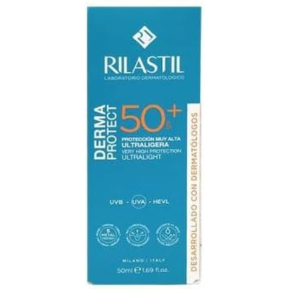 Rilastil Dermaprotector SPF 50+, very high sun protection, ultralight formula, 50ml, dermatologically developed.