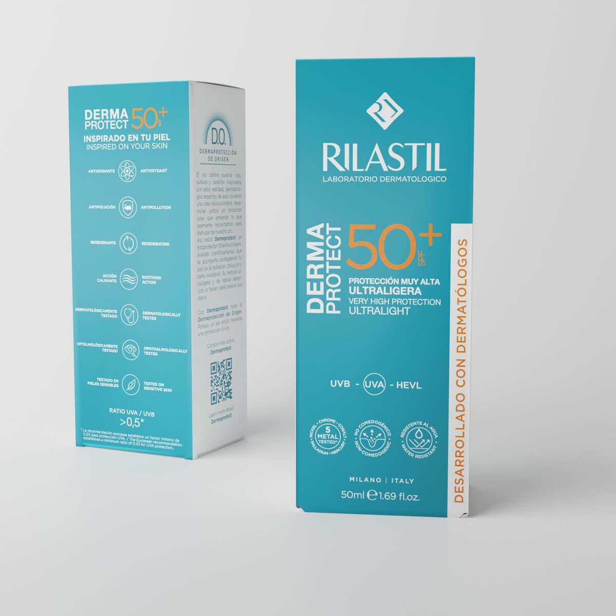 Rilastil Derma Protect 50+ sunscreen packaging showcasing UVB, UVA protection and ultralight formula, 50ml.