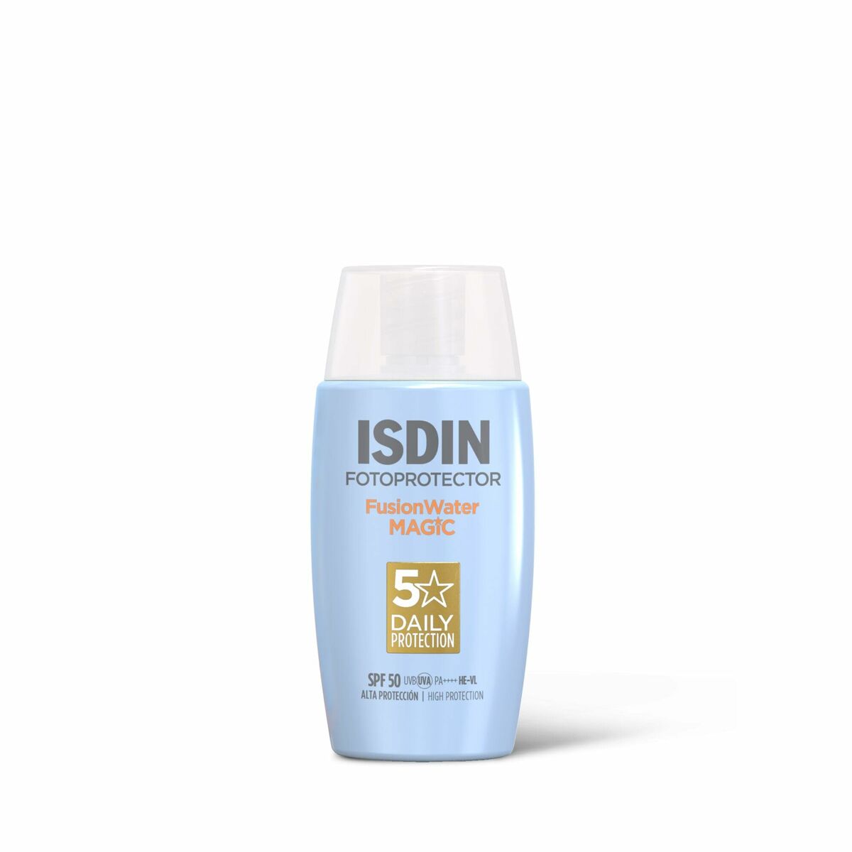 Protecteur solaire ISDIN FOTOPROTECTOR Fusion Water MAGIC, SPF 50, 5 étoiles de protection quotidienne.