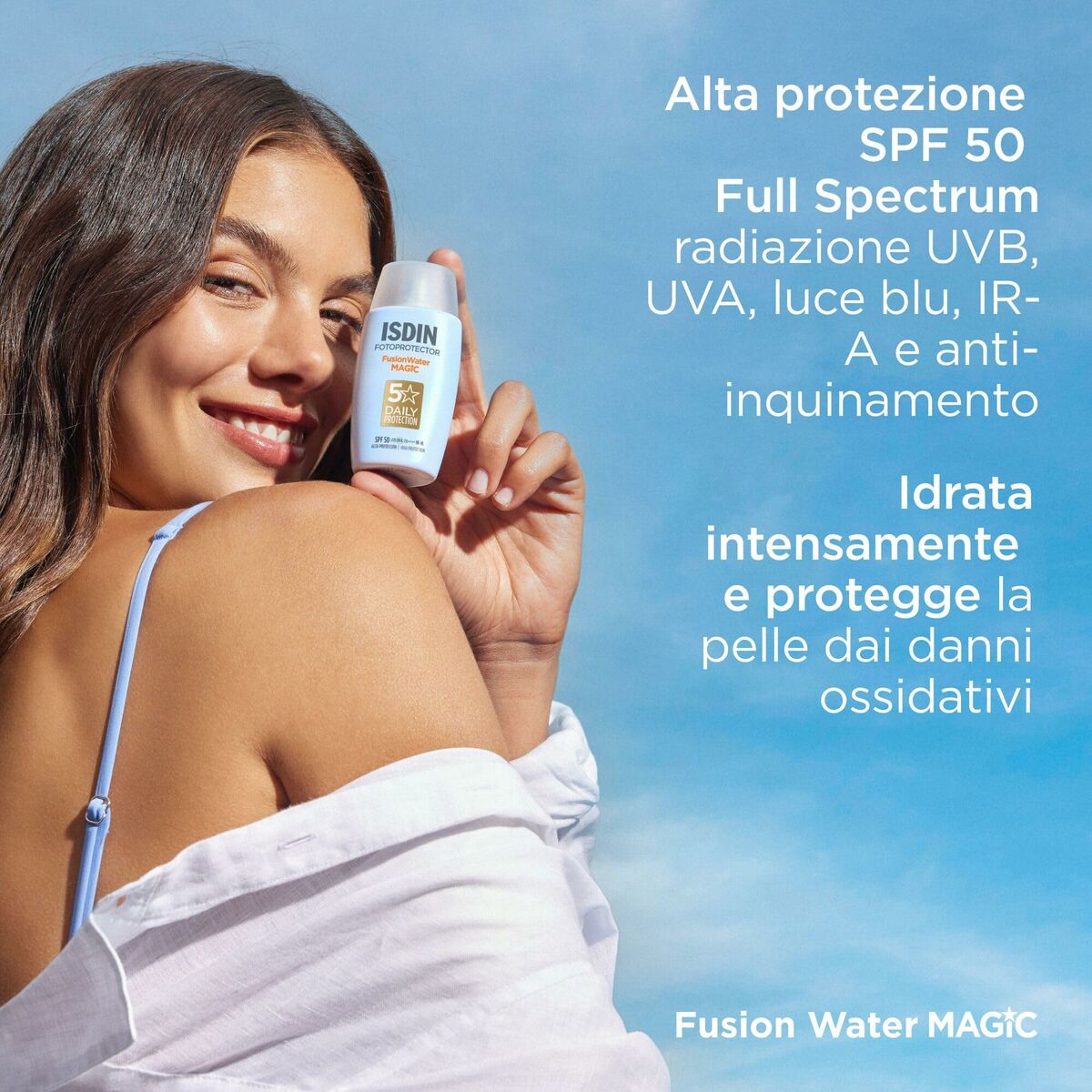 Protecteur Solaire Isdin SPF 50 avec protection contre les UV, la lumière bleue et les dommages oxydatifs.