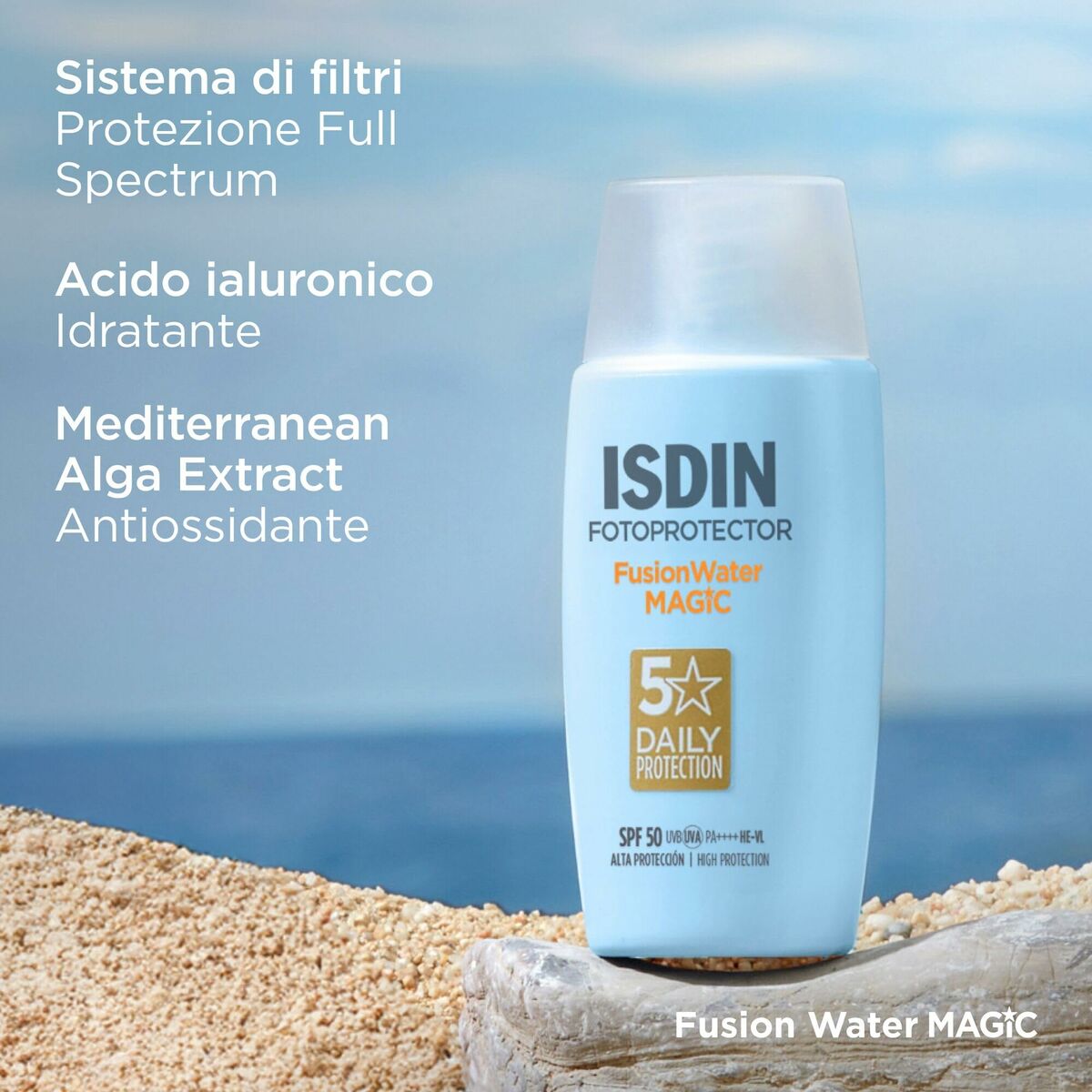 Isdin Fotoprotector Fusion Water MAGIC, SPF 50, with hyaluronic acid and Mediterranean alga extract for daily protection.
