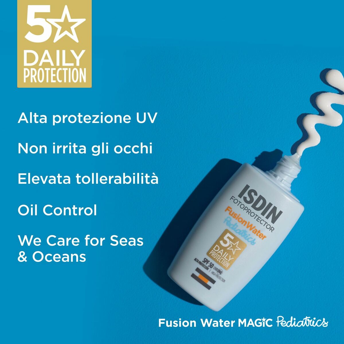 ISDIN FOTOPROTECTORES, Fusion Water MAGIC, 5-star daily protection, high UV protection, oil control, gentle on eyes.