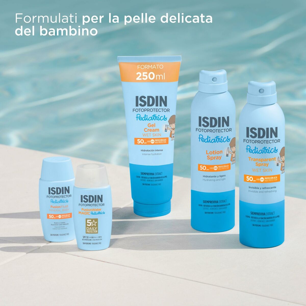 Lot d'hygiène Isdin FOTOPROTECTORES ISDIN pour la peau délicate des enfants, incluant gel et spray.