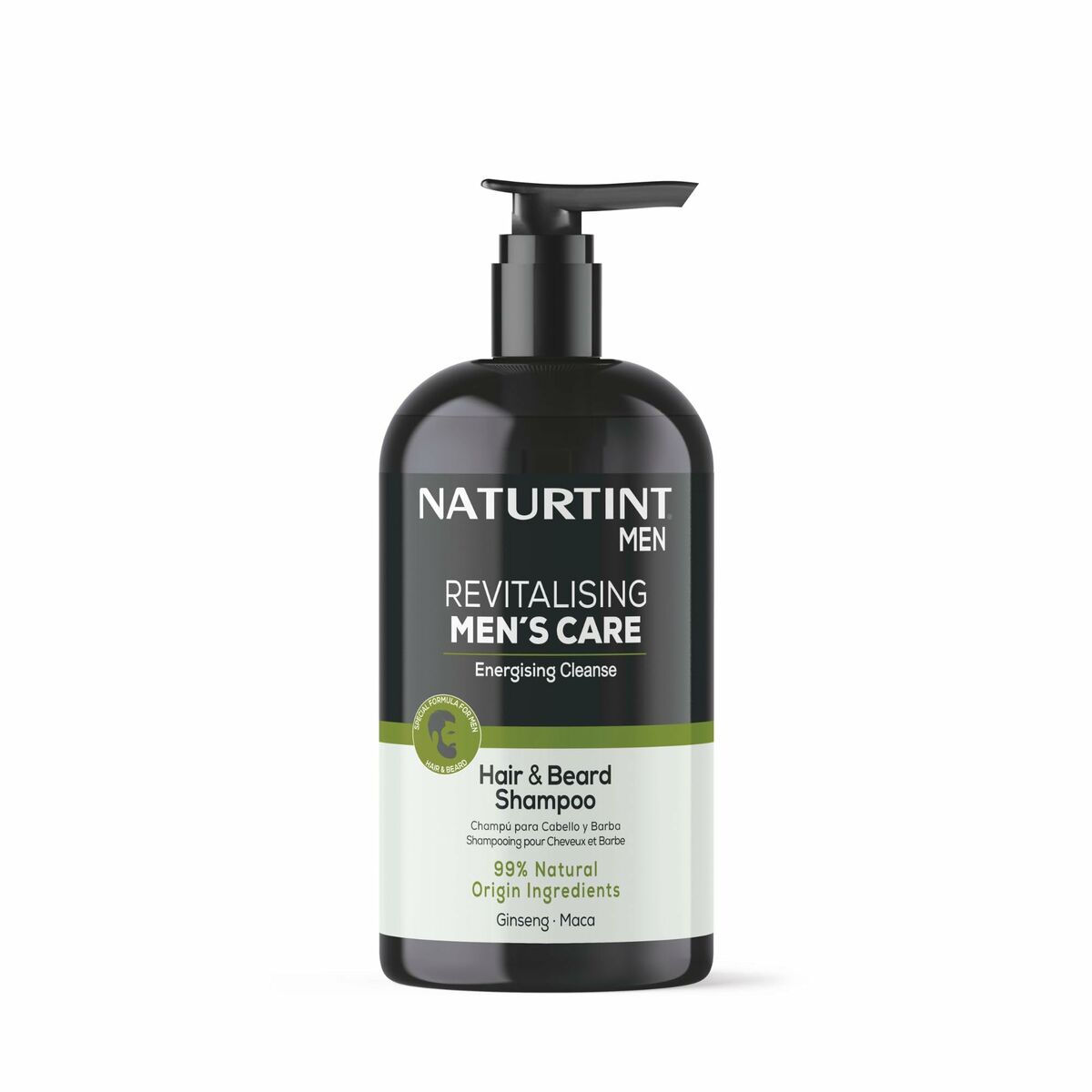Naturtint MEN revitalizing hair and beard shampoo bottle, energizing cleanse with 93% natural ingredients.
