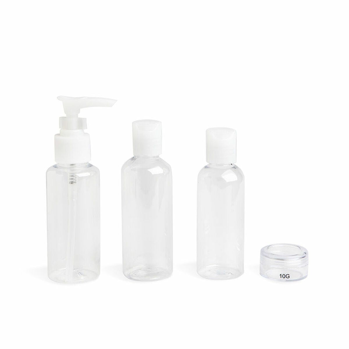 Translucent travel liquid dispenser set, 4 pieces from IDC Institute, ideal for body care and personal hygiene.