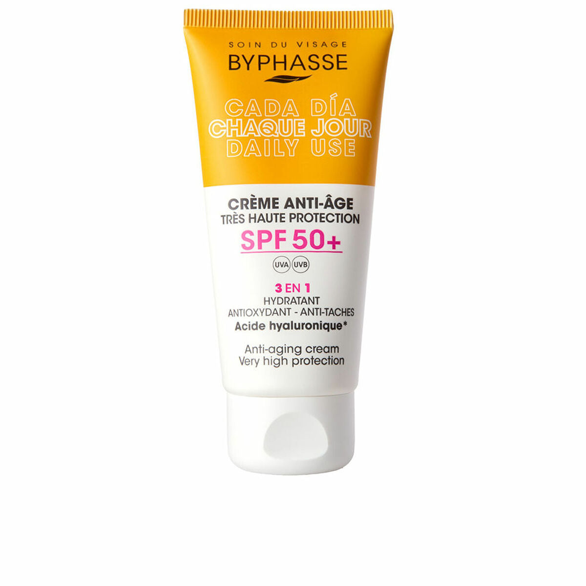 Byphasse anti-aging facial cream with SPF 50, 50 ml, offers hydration and protection for daily use.