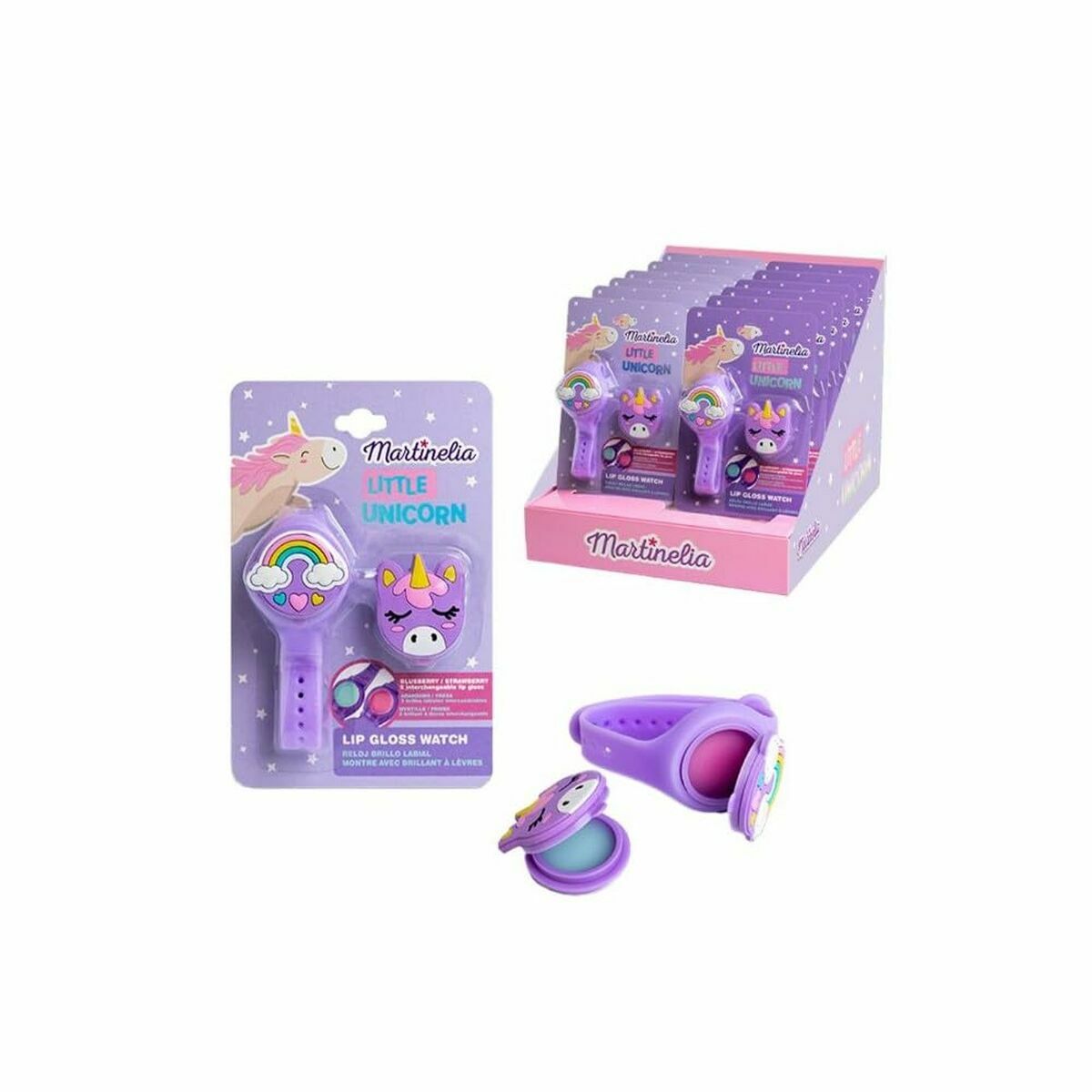Ensemble de Beauté Martinelia LITTLE UNICORN avec gloss à lèvres et montre, couleur violet, unisexe, style ludique.