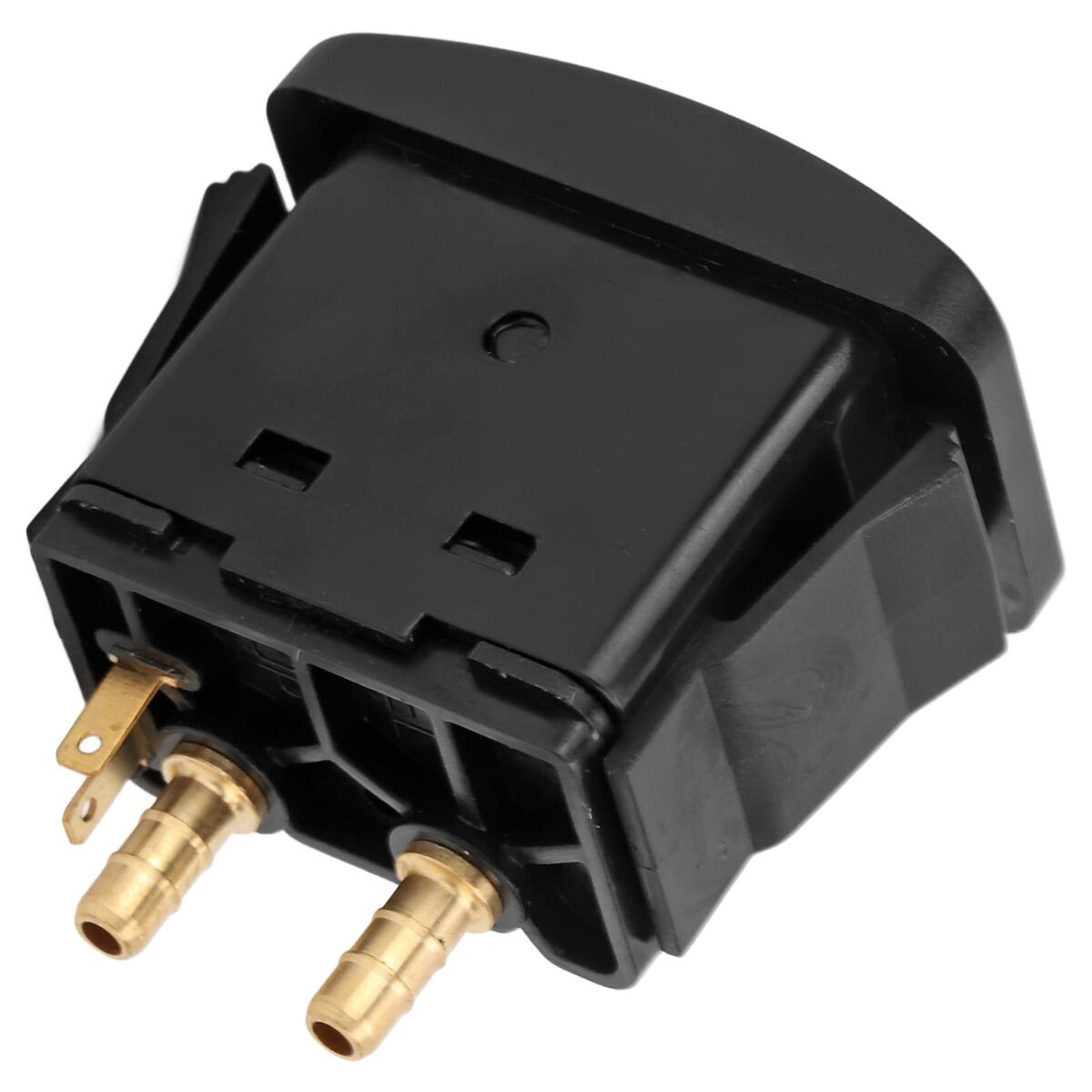Connector housing with two gold terminals, designed for electrical applications or appliances.