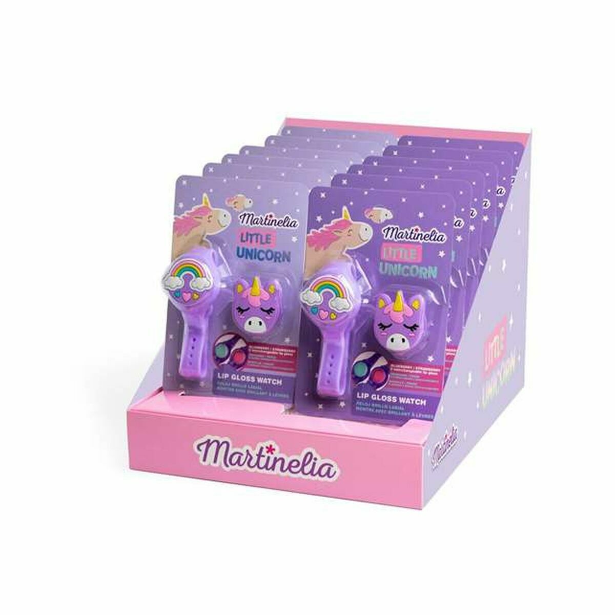 Ensemble de Beauté Martinelia LITTLE UNICORN incluant des montres à gloss à lèvres violettes et colorées.
