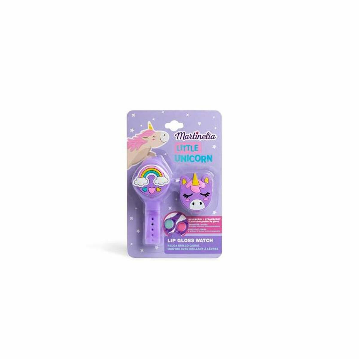 Ensemble de Beauté Martinelia LITTLE UNICORN, comprenant un joli gloss à lèvres et une montre violette.