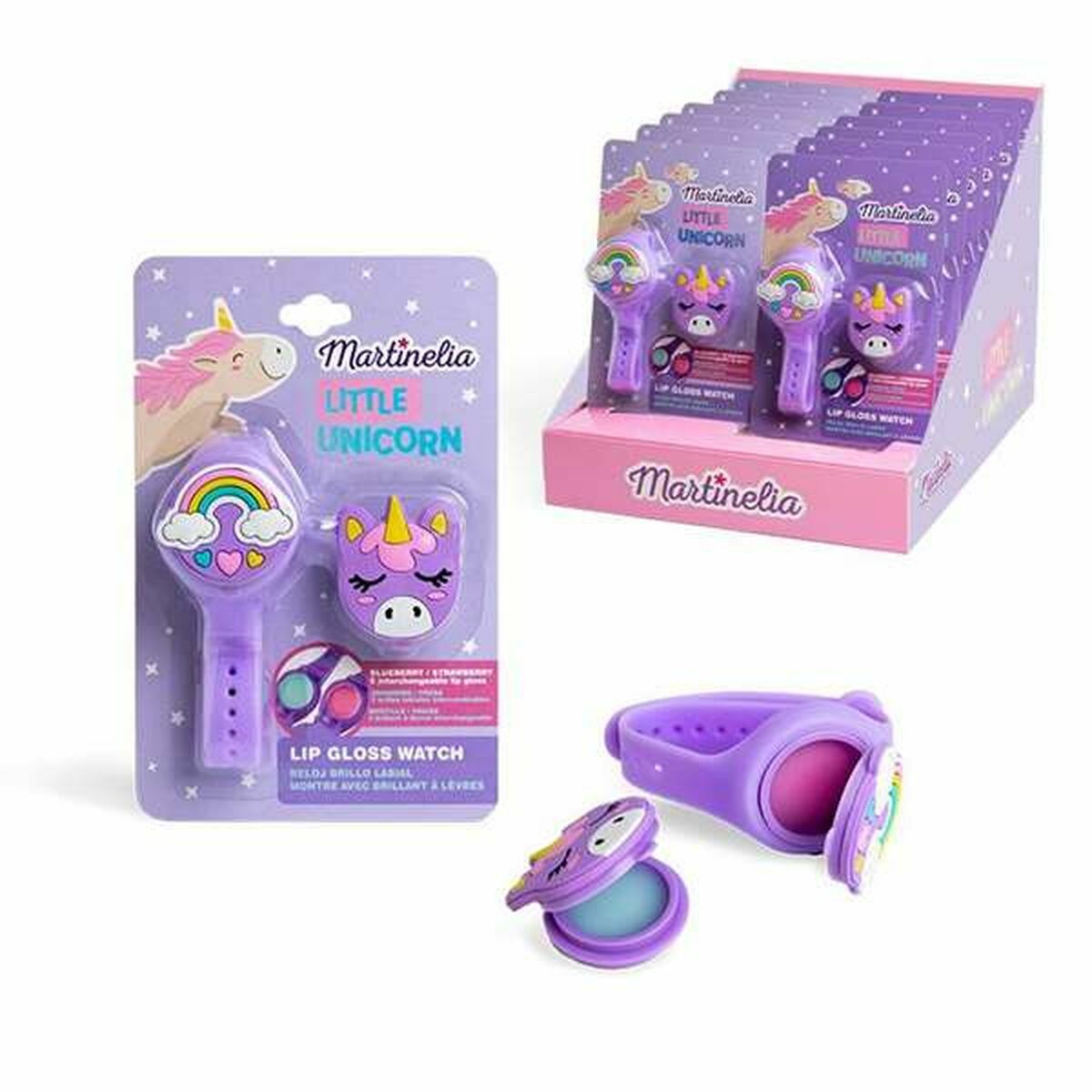 Ensemble de Beauté Martinelia LITTLE UNICORN : montre à gloss avec motifs licorne, couleur violette et style unisexe.