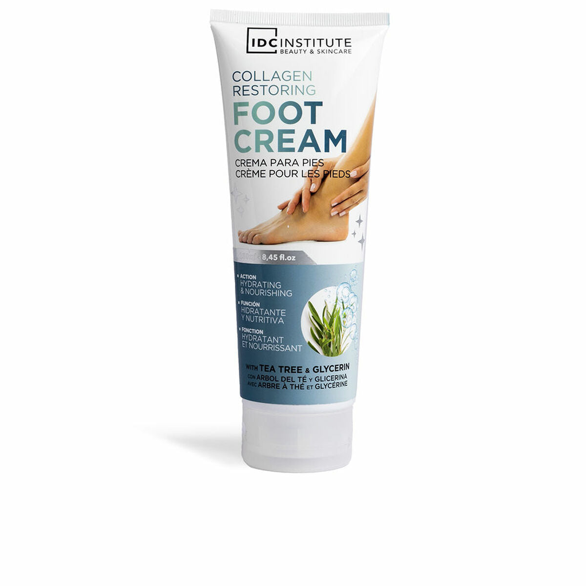 Crème hydratante pour les pieds IDC Institute COLLAGEN RESTORING 250 ml, texture crème, hydratante et nourrissante.