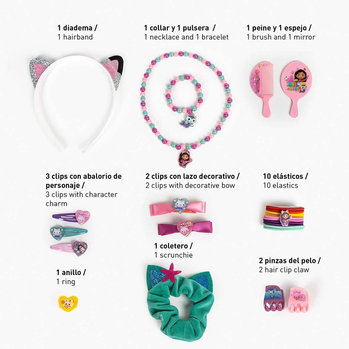 Accessoires pour les Cheveux Gabby's Dollhouse, 23 pièces colorées incluant diadème, colliers, pinces et élastiques.