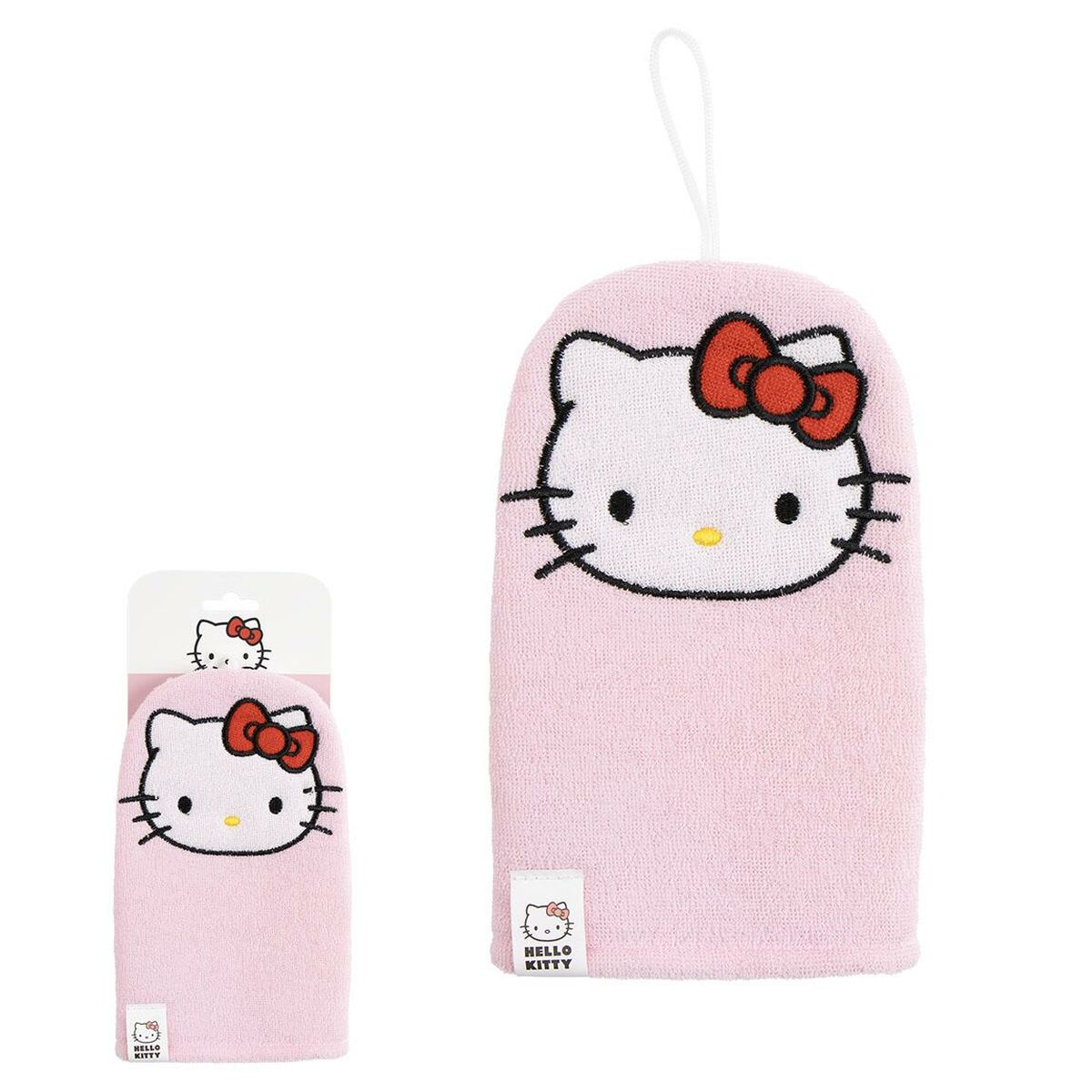 Gant de toilette Hello Kitty rose, pratique et ludique pour l'hygiène intime quotidienne.
