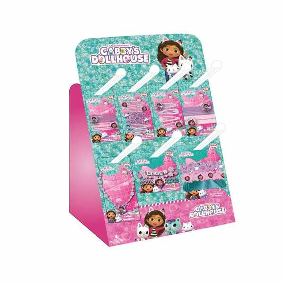 Display stand featuring Gabby's Dollhouse hair clips in various pink designs.