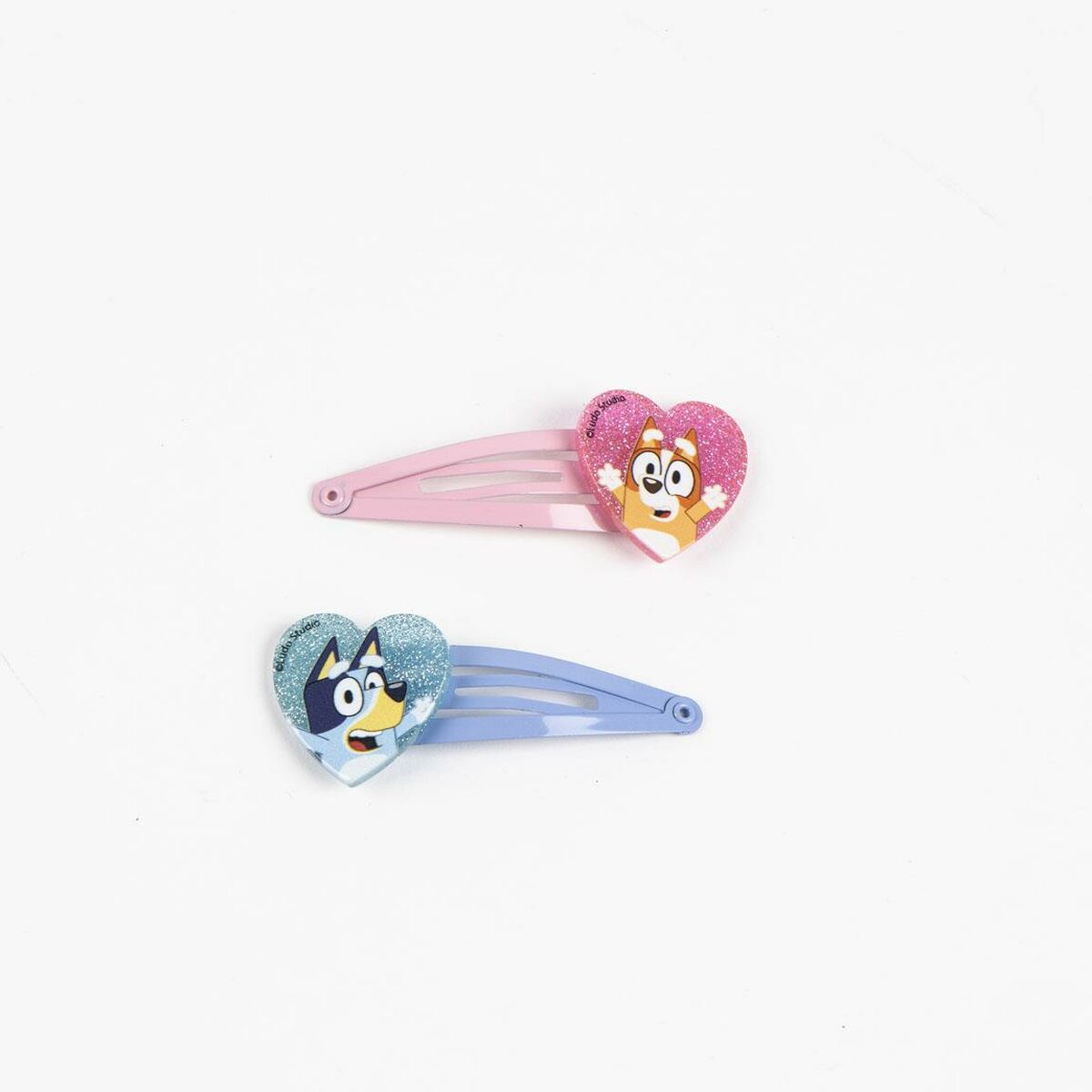 Accessoires cheveux Bluey en forme de cœur, pinces à cheveux scintillantes pour enfants, 2 pièces, couleur rose et bleu.