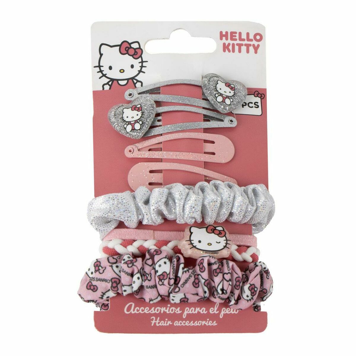 Ensemble d'accessoires pour les cheveux Hello Kitty, comprenant 2 pinces et 6 élastiques à cheveux colorés.