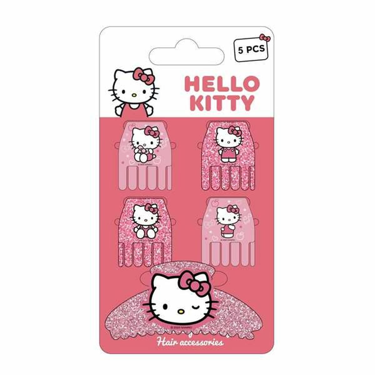 Pack of 5 Hello Kitty pink hair clips, perfect for adding a cute touch to your hairstyle.