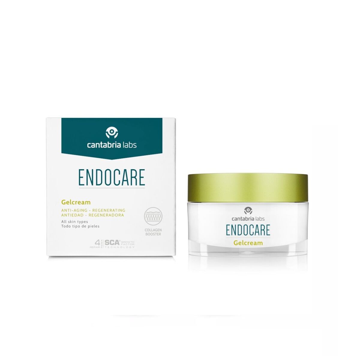 Endocare Gelcream packaging and jar, anti-aging skincare for all skin types, 30 ml jar by Cantabria Labs.