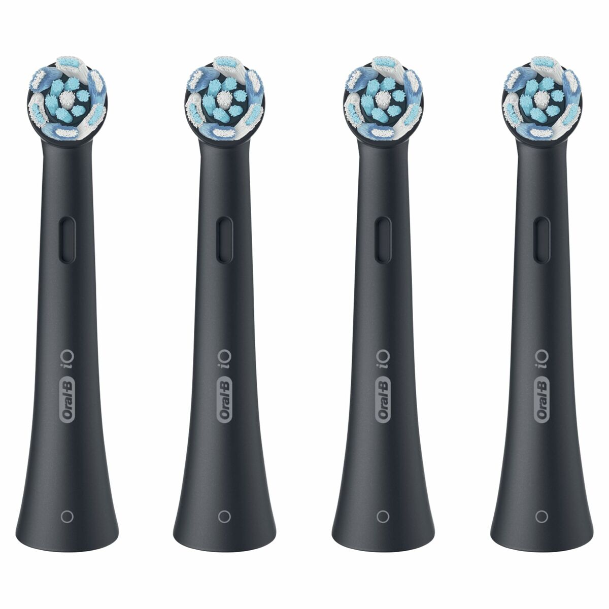 Quatre têtes de rechange Oral-B Noires avec designs innovants pour un nettoyage efficace des dents.