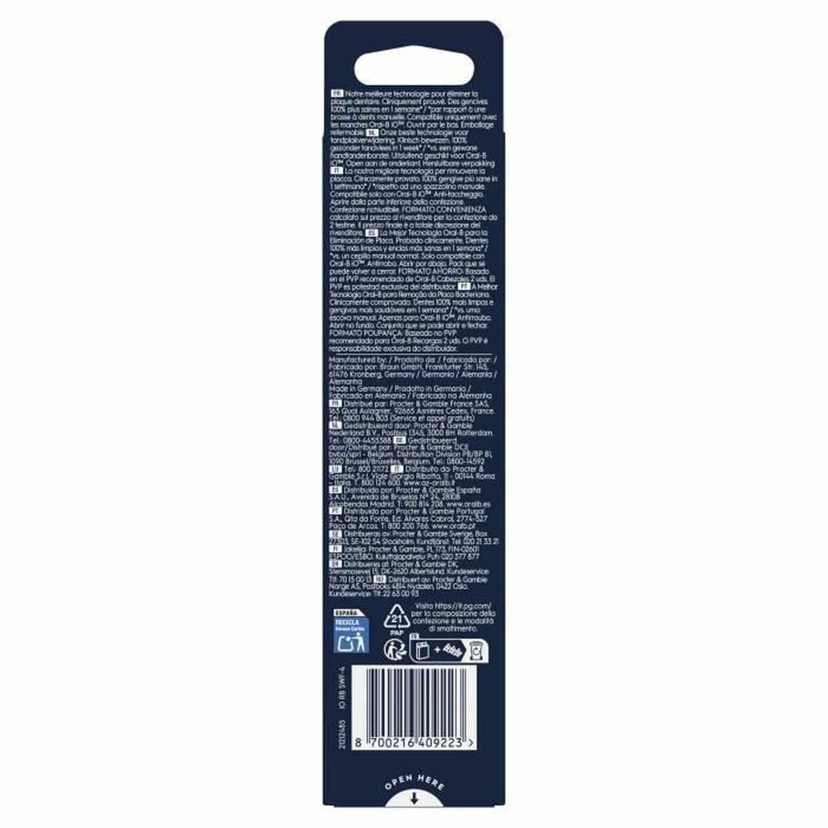 Back of Oral-B replacement head packaging featuring product information and instructions in multiple languages.