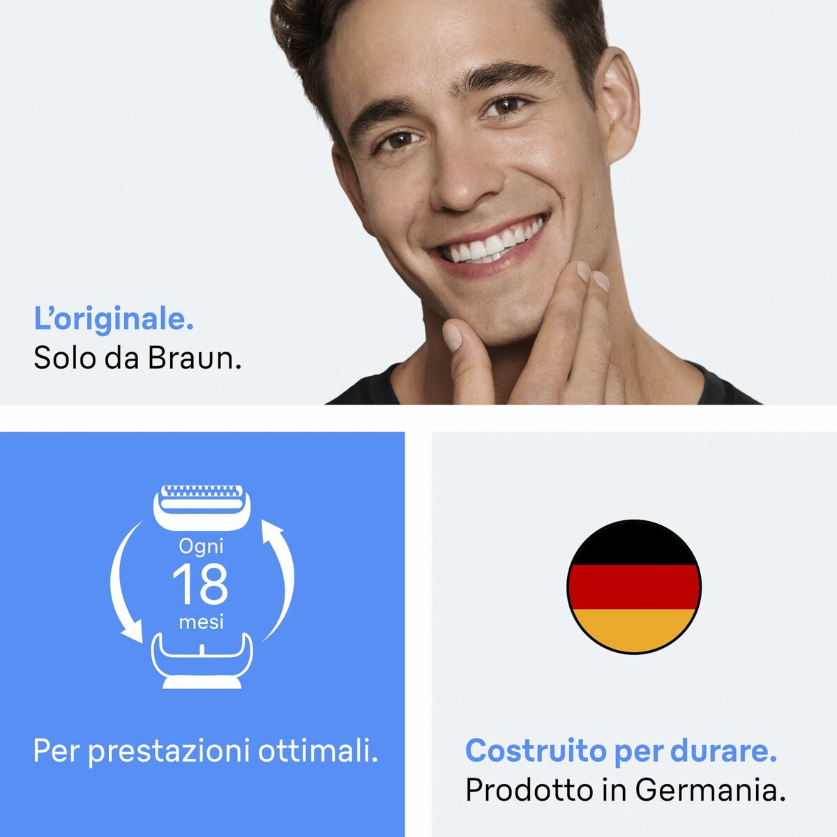 Homme souriant présentant la tête de rechange Braun, avec des informations sur la qualité et la durabilité, produit en Allemagne.