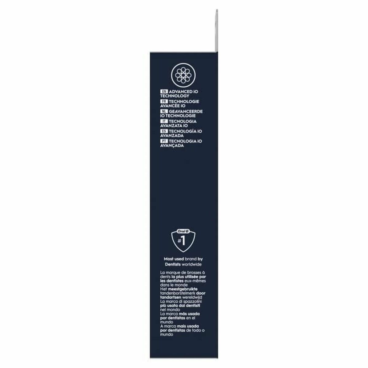 Side view of Oral-B replacement head packaging showcasing advanced technology information and brand details.