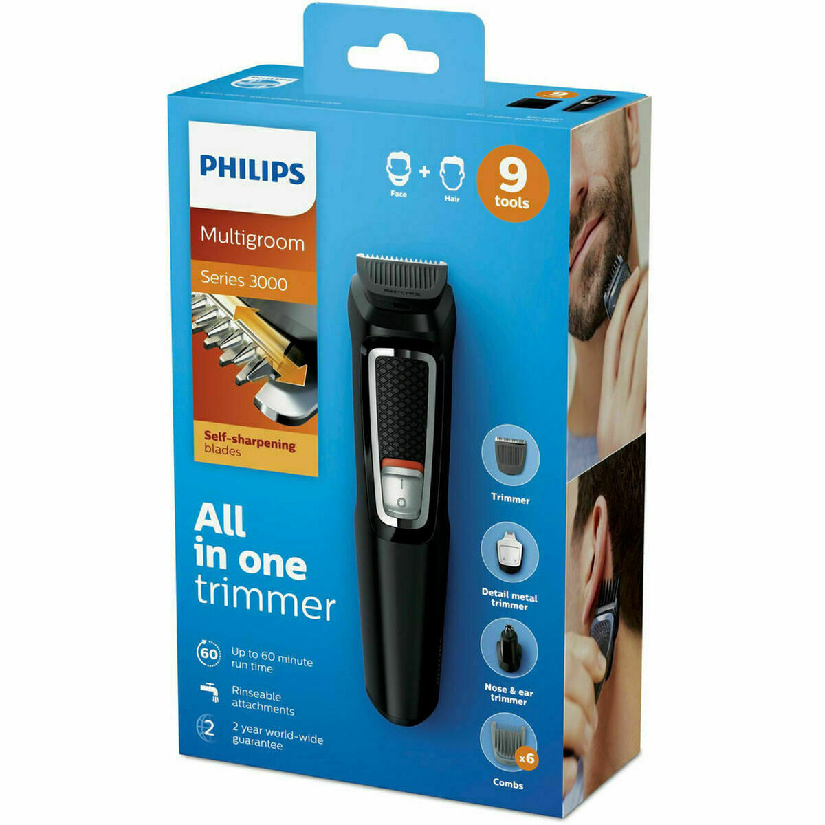 Philips Multigroom Series 3000 all-in-one trimmer packaging with 9 tools and self-sharpening blades