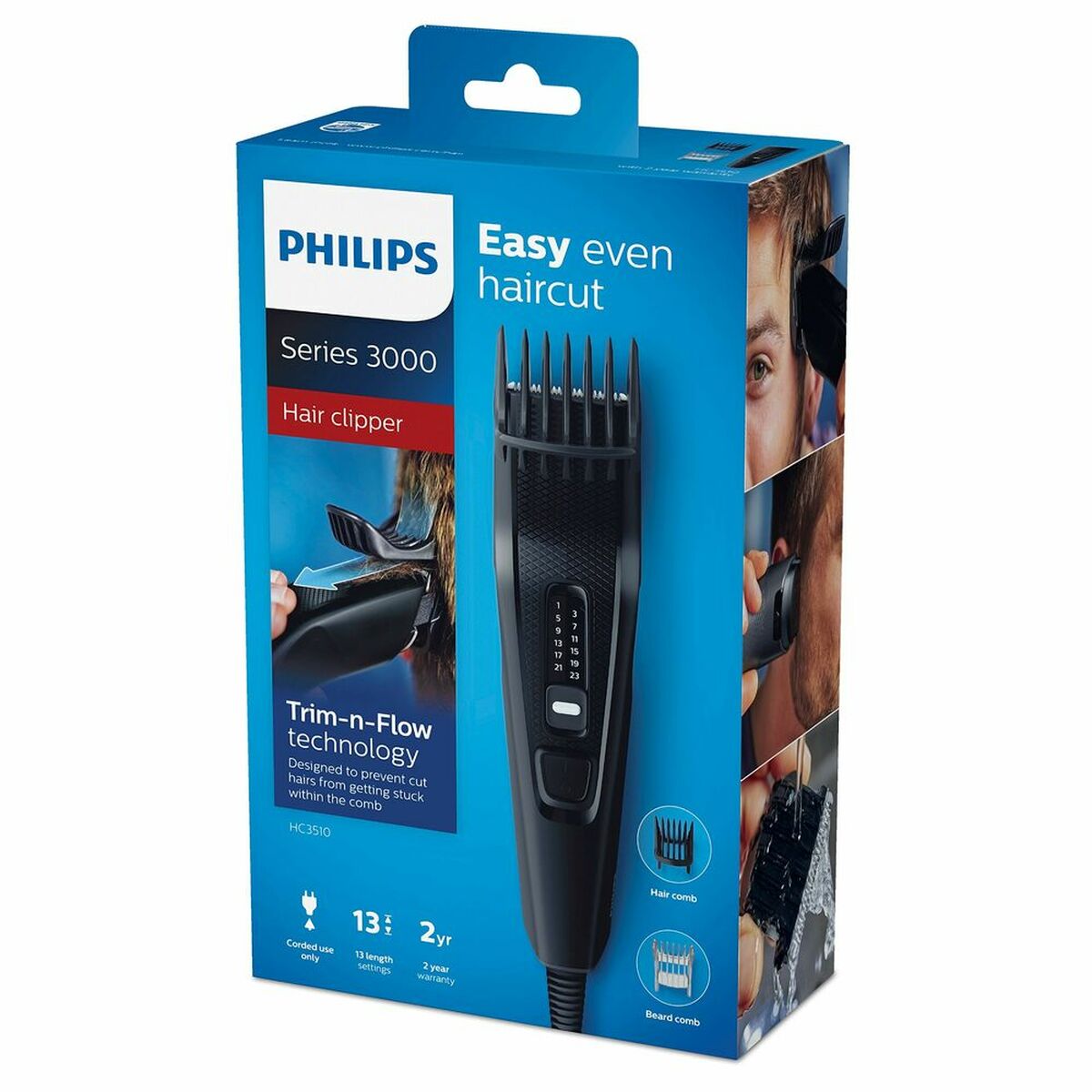 Philips Series 3000 hair clipper packaging, featuring ergonomic design and Trim-n-Flow technology for easy haircuts.