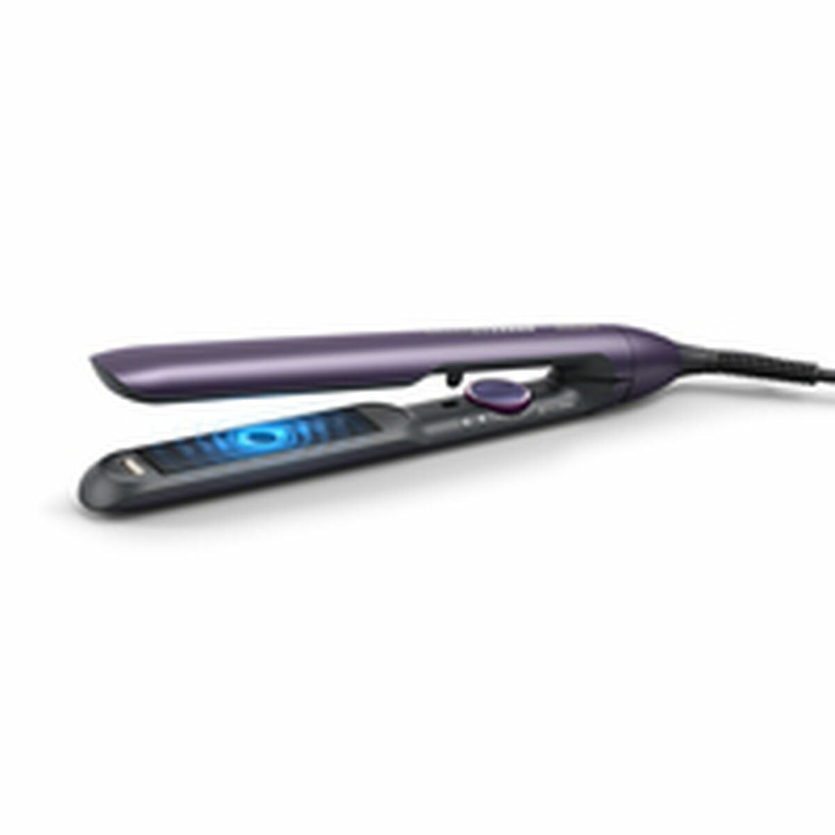 Lisseur à cheveux Philips Pourpre avec thermostat réglable et arrêt automatique, design moderne et élégant.