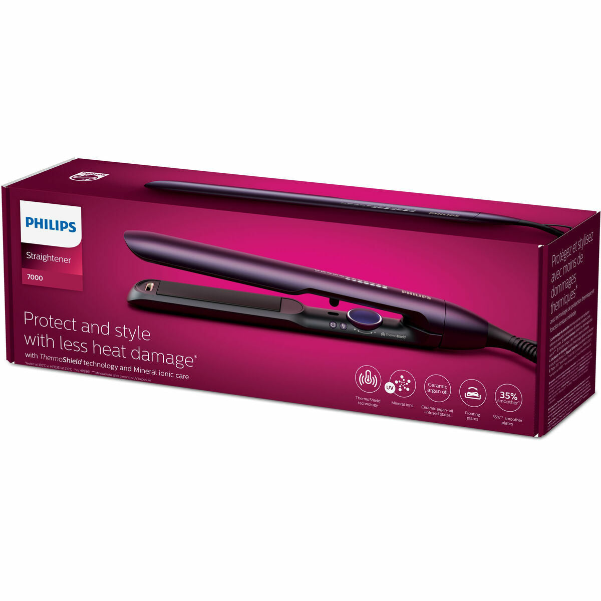 Lisseur à cheveux Philips Pourpre, boîte montrant technologie ThermoProtect, design élégant pour tous types de cheveux.