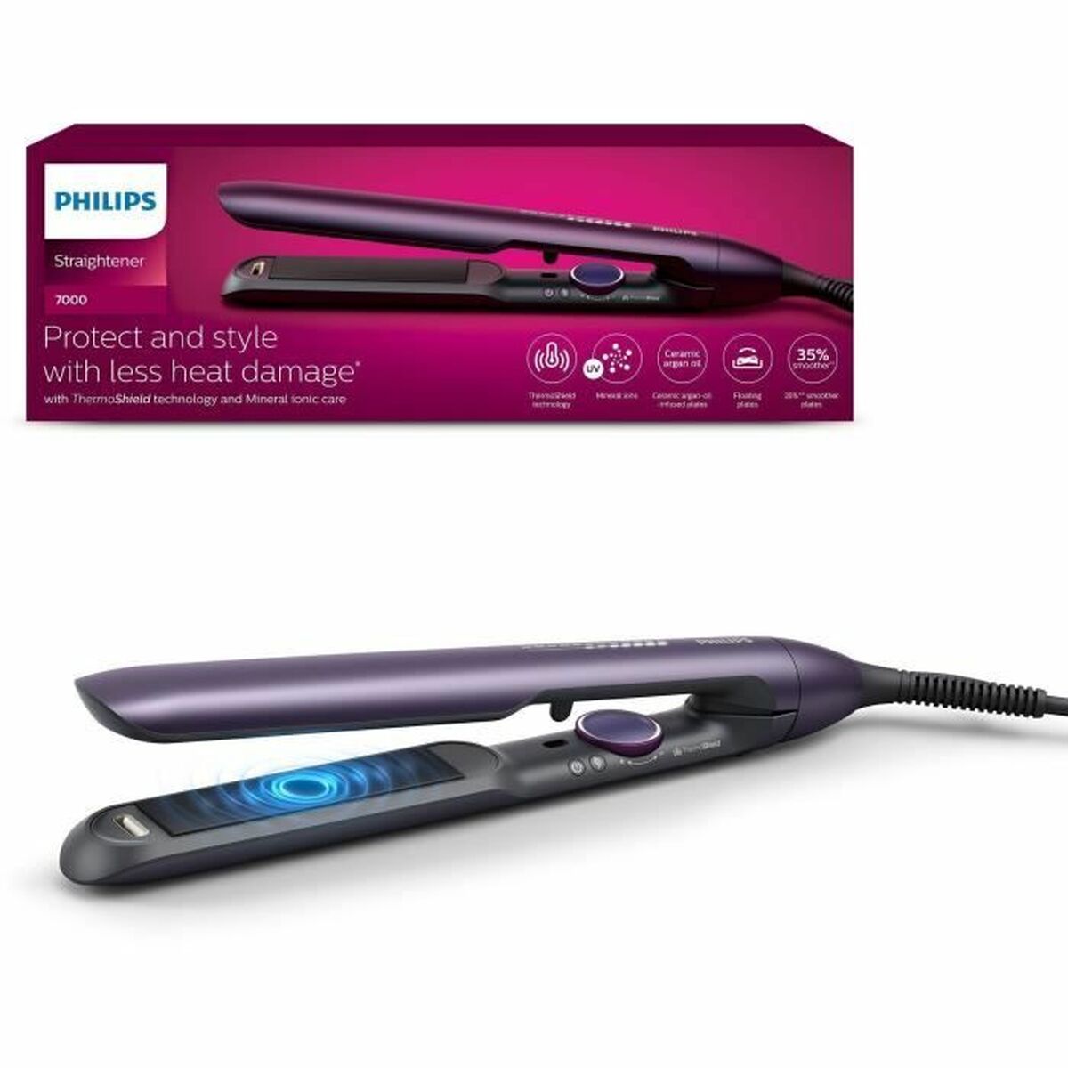 Lisseur à cheveux Philips Pourpre, appareil de coiffure avec technologie ThermoShield, design élégant et fonction de protection.