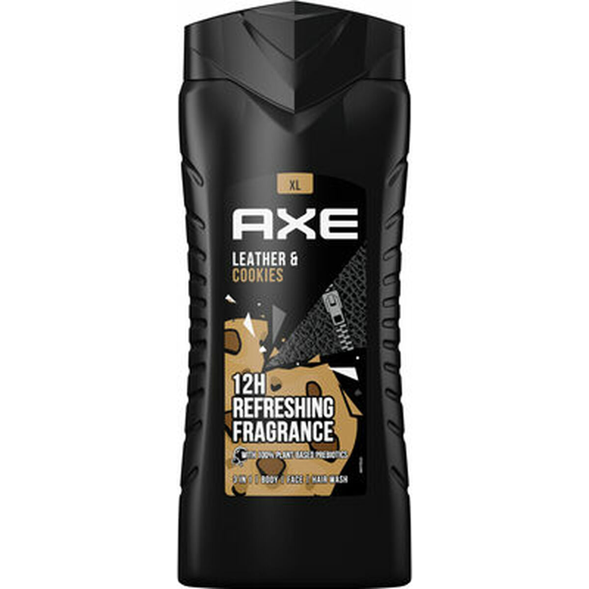 Gel de douche Axe Leather & Cookies 400 ml, 3-en-1 pour tous types de peau et cheveux, parfum rafraîchissant.