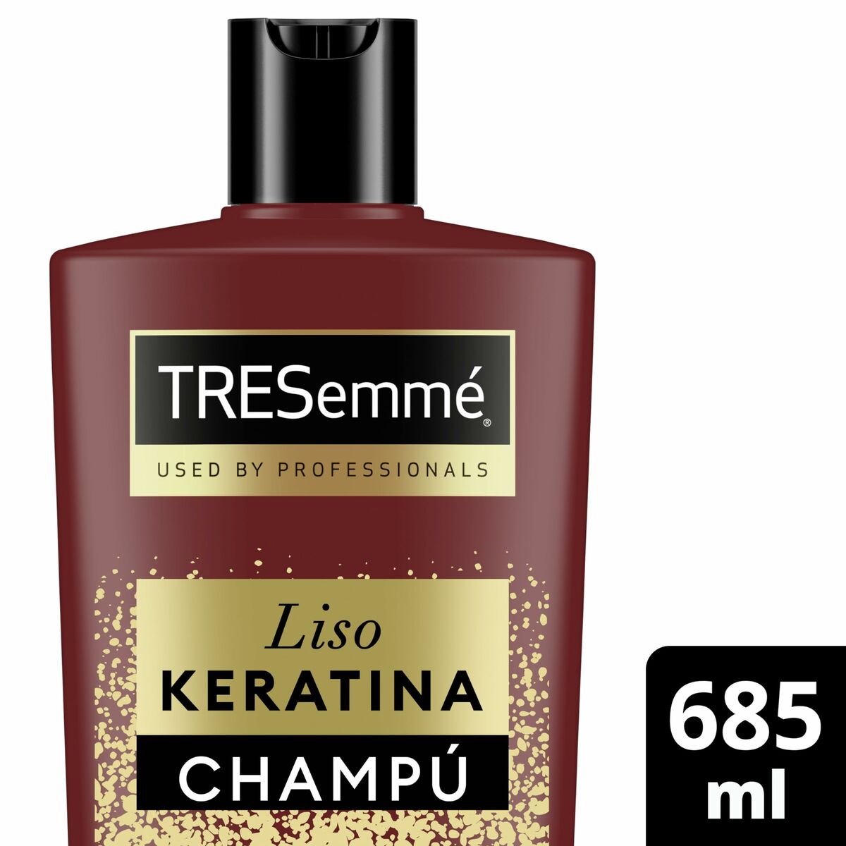 Flacon de shampooing Tresemme Liso Keratina 685 ml, conçu pour tous types de cheveux, utilisé par des professionnels.