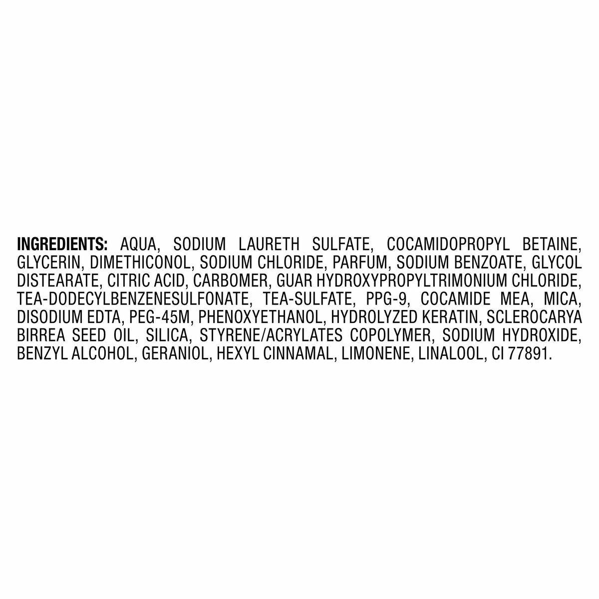 List of ingredients for Tresemme Liso Keratina Shampoo, including Aqua, Sodium Laureth Sulfate, Hydrolyzed Keratin, and more.