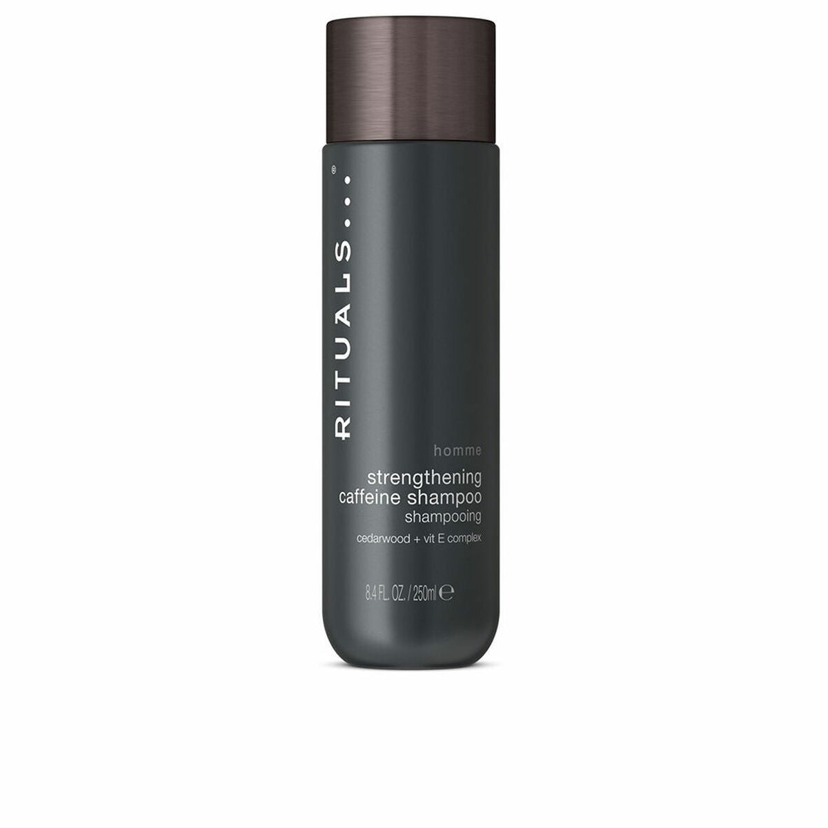 Rituals Homme 250 ml strengthening caffeine shampoo for men, ideal for sensitive scalp and damaged hair.