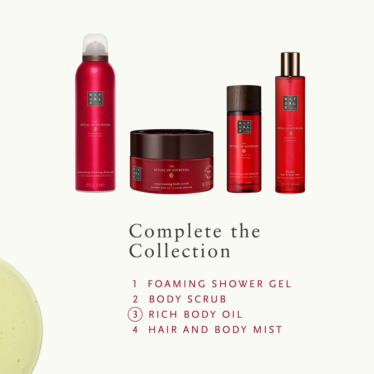 Rituals The Ritual Of Ayurveda product collection including foaming shower gel, body scrub, body oil, and hair mist.