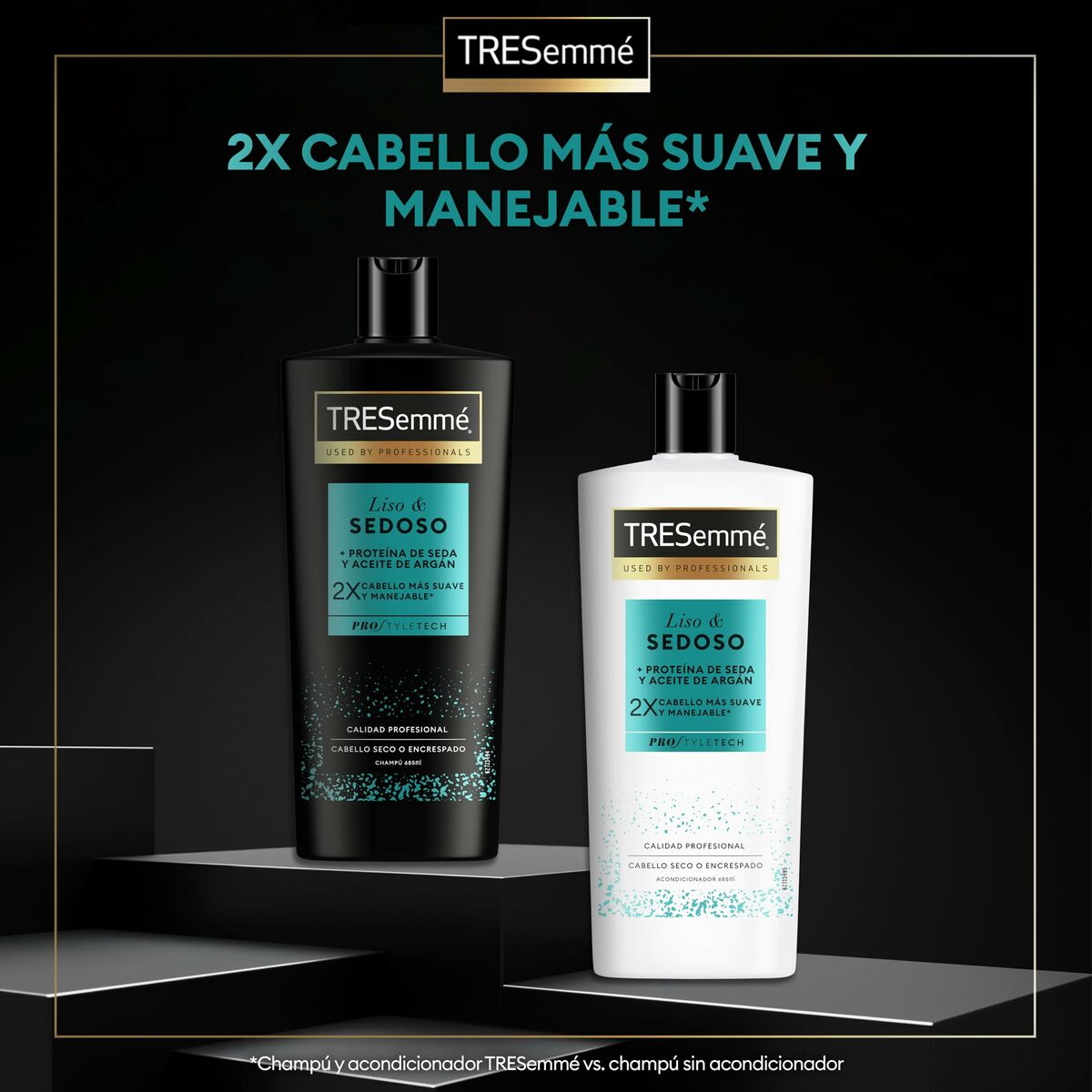 Bouteilles de shampooing TRESemmé LISO et SEDOSO, promesse de cheveux 2x plus doux et maniables.