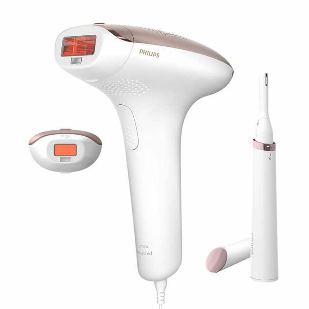 Épilateur électrique Philips BRI921/00 Lumea IPL série 7000 avec accessoires, couleur blanche et rose.