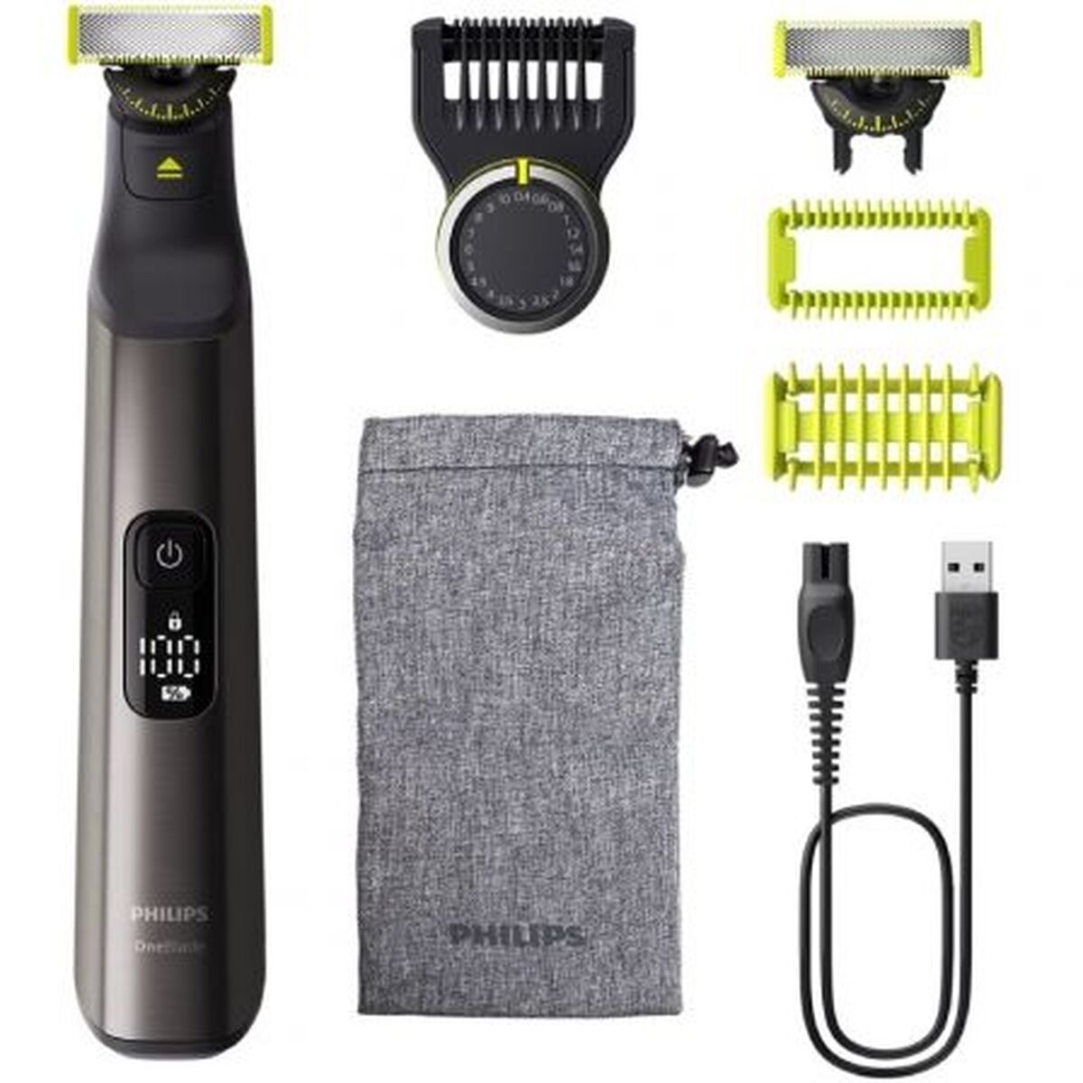 Tondeuse Philips QP6552/15 avec accessoires, écran intégré, rechargeable, design élégant et pratique.