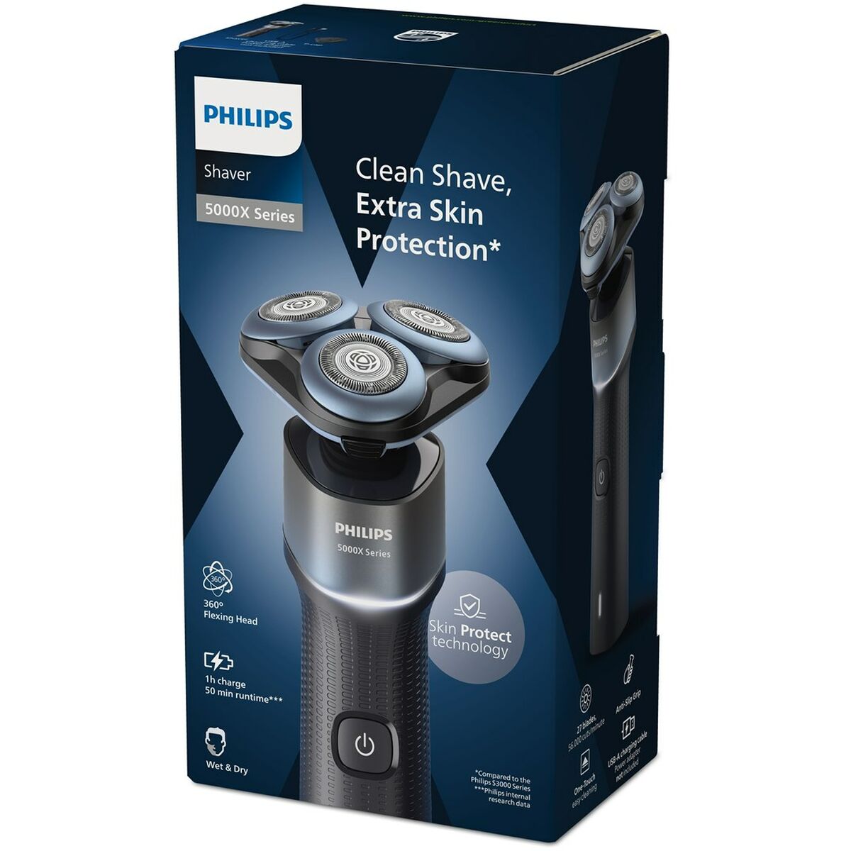 Philips 5000X Series Shaver packaging showcasing clean shave and extra skin protection features.