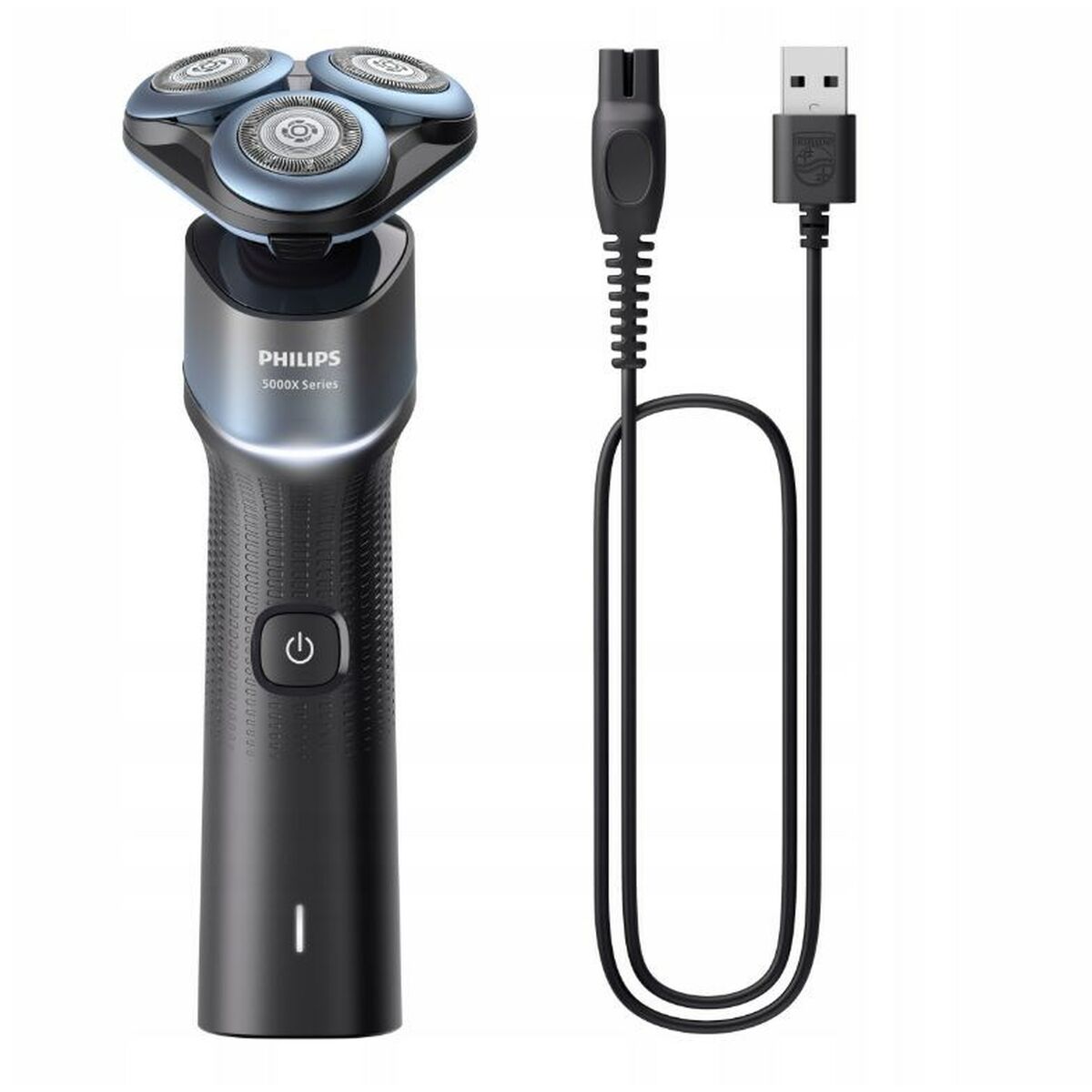 Philips X5006/00 electric shaver with USB charging cable, featuring washable, rechargeable technology for wet and dry shaving.