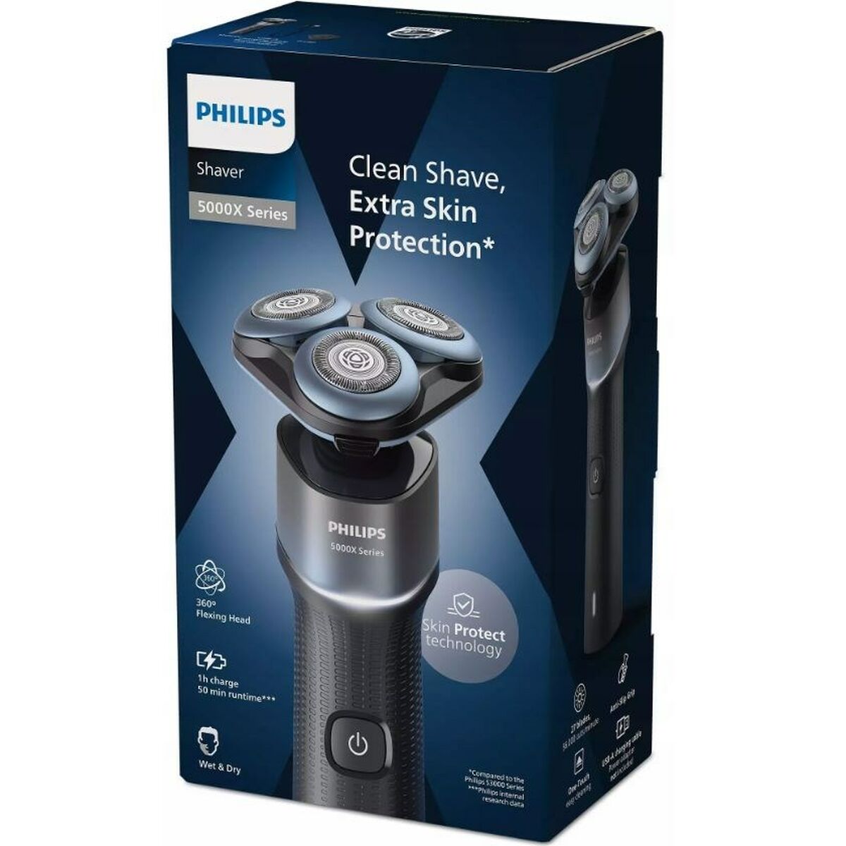 Philips X5000 Series electric shaver packaging featuring clean shave and skin protection features.