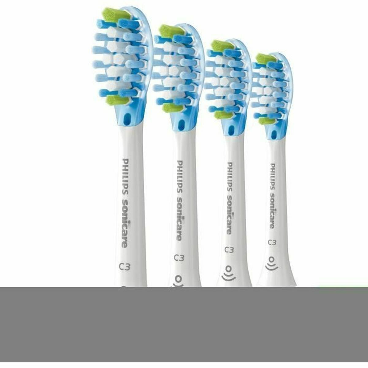 Pack of 4 Philips Sonicare C3 replacement toothbrush heads in white and blue.